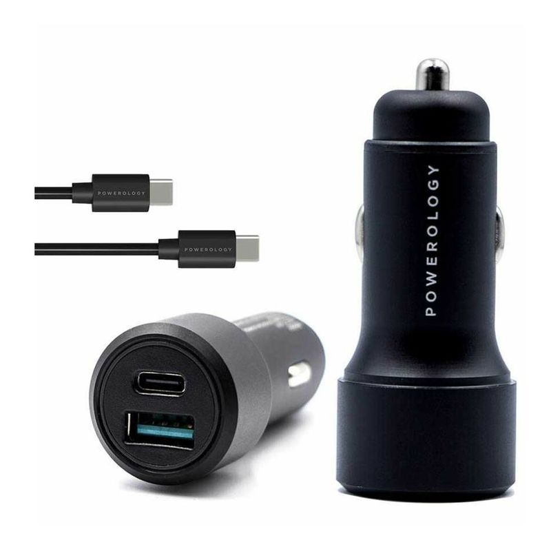 Powerology Aluminum USB + PD Car Charger 36W with Type-C Cable 0.9M Black