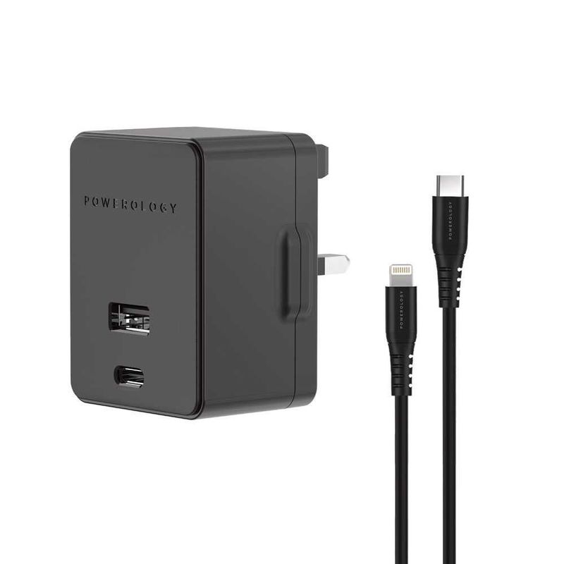 Powerology Dual Port Wall Charger 30W USB 2.4A + Pd 18W with Type-C to MFI Lighting Cable 1.2M Black