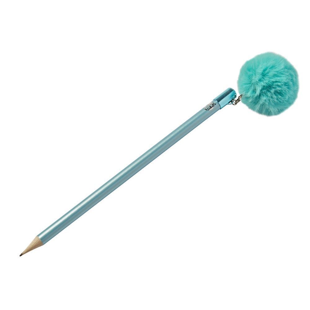قلم رصاص أزرق اللون مُزيَّن بكرة فرو كبيرة