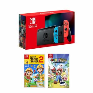 Nintendo Switch Console with Neon Joy-Con + Super Mario Maker 2 + Mario + Rabbids Kingdom Battle