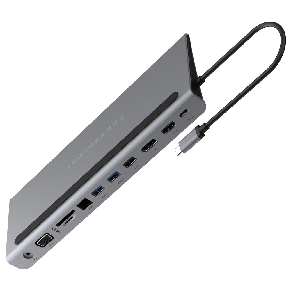 Powerology 11 in 1 Multi-Display USB-C Hub & Laptop Stand 100W Gray