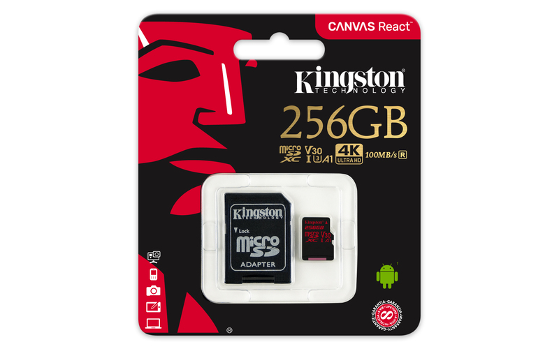 Kingston 256GB Microsdxc Canvas React 100R/80W U3 Uhs-Iv30 A1 Card + Sd Adapter