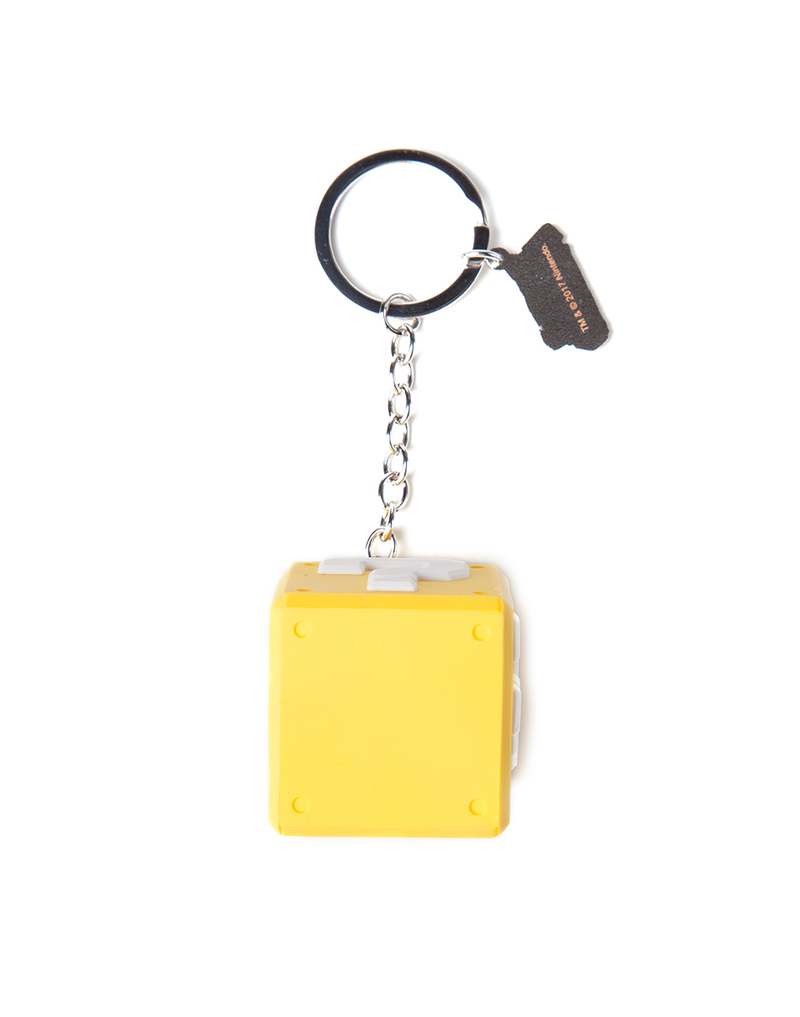 سلسلة مفاتيح مطاطية صفراء ثلاثية الأبعاد على شكل مكعب نينتيندو عليه علامة استفهام من دفيوزد