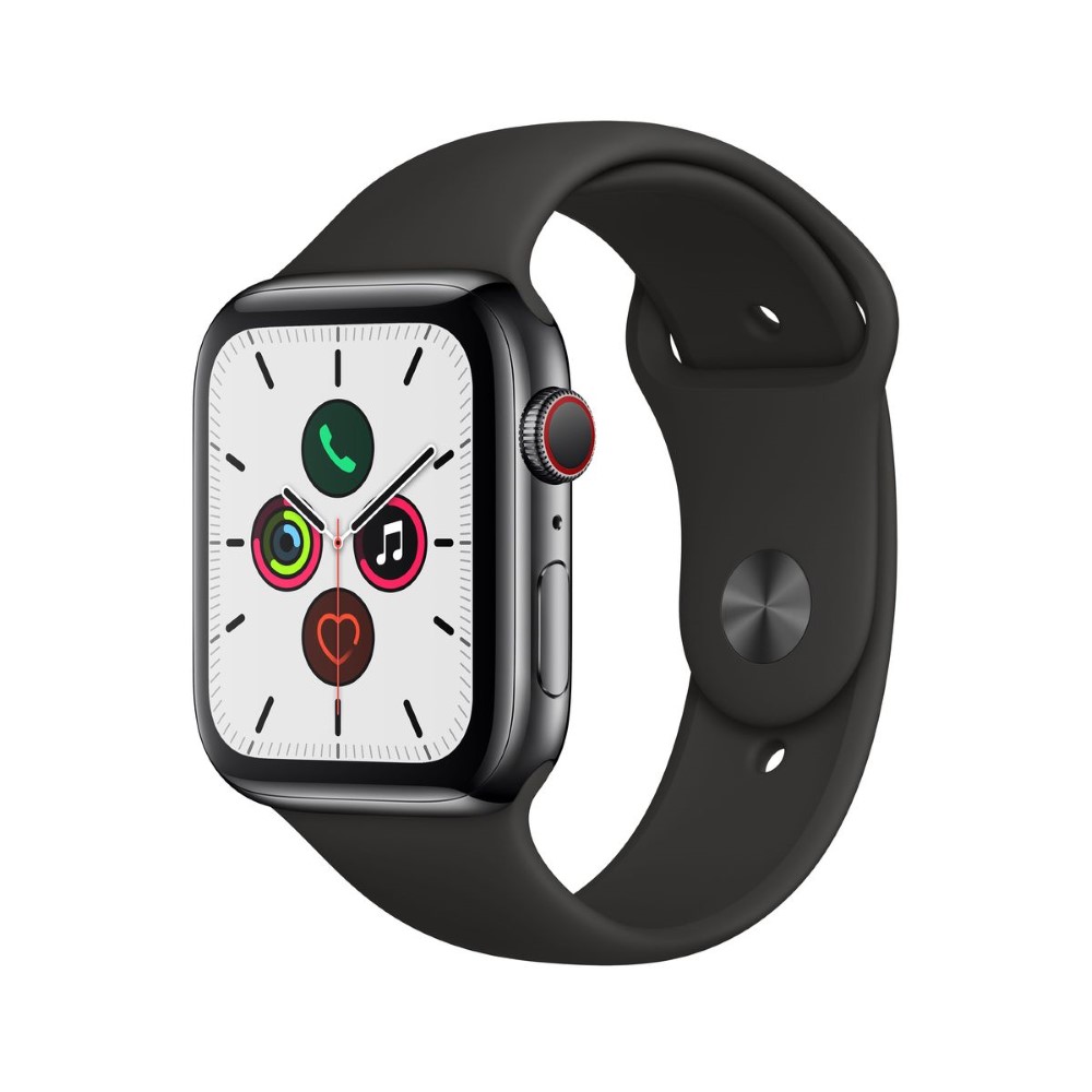 Apple Watch Series 5 GPS + Cellular 44mm Space Black Stainless Steel Case with Black Sport Band S/M & M/L