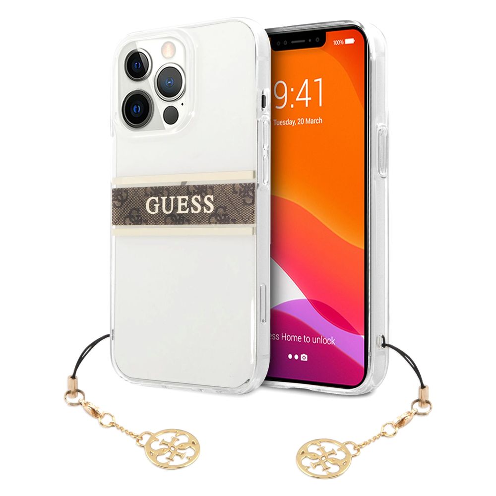 Guess PC/TPU Transparent Case 4G Stripe with Charm for iPhone 13 Pro Brown