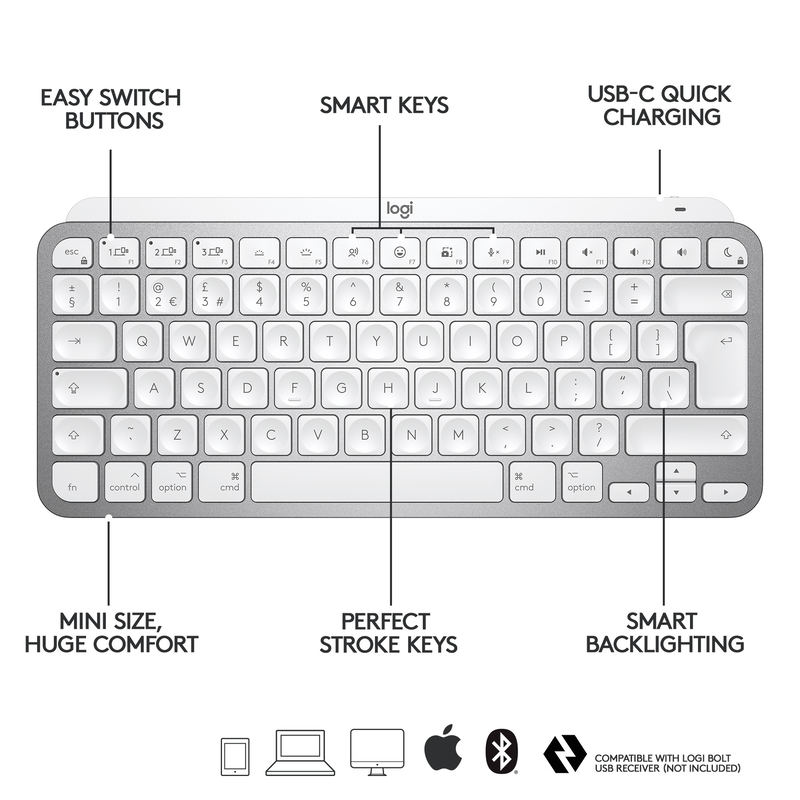Logitech 920-010526 MX Keys Mini Wireless Illuminated Keyboard - (US International) - Pale Grey