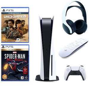 Sony PlayStation PS5 Console + Sony Pulse 3D Headset + Sony Media Remote + Spider-Man Ultimate Edition  + Uncharted Legacy Of Thieves (Bundle)