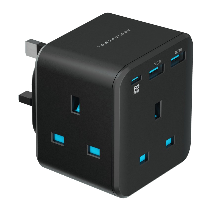 Powerology 3-Outlet Wall Socket 13A With 2 USB-A QC 3.0 + PD 20W Black