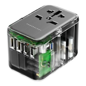 Powerology 65W PD Universal Multi-Port Travel Adapter with 3 Type-C Output - Transparent Grey