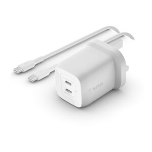 Belkin BoostCharge Pro Dual USB-C GaN Wall Charger with PPS 65W + USB-C to USB-C Cable - White
