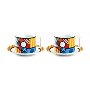 Britto Cappuccino Porcelain Cups with Saucers 220ml - Britto Flower (Set of 2)