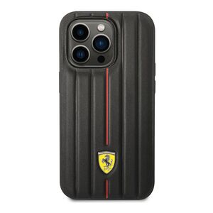 Ferrari Leather Case Embossed Stripes with Yellow Shield Logo iPhone 14 Pro Max - Black