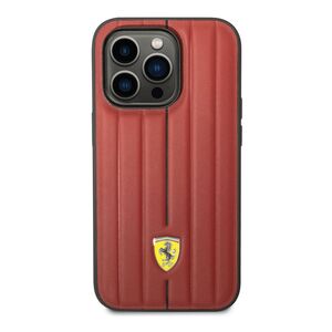 Ferrari Leather Case Embossed Stripes with Yellow Shield Logo iPhone 14 Pro Max - Red