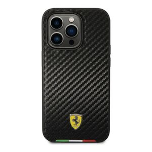 Ferrari Hard Case PU Carbon Effect & Italian Flag Line Metal Logo iPhone 14 Pro - Black