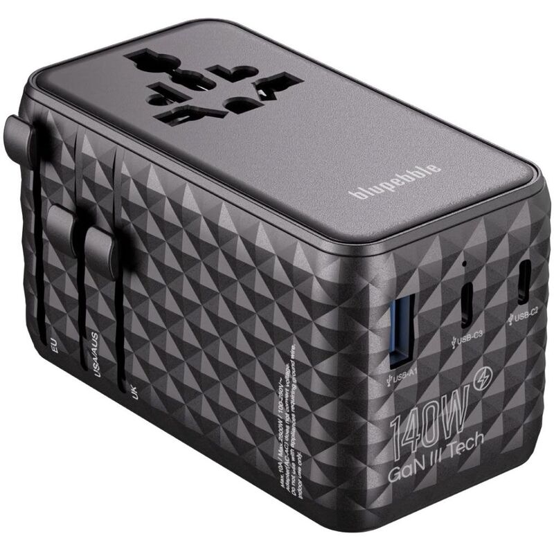 Blupebble Passport 7 World Travel Adapter With Gan Tech 140W+2 USB-C+1 USB-A W Cable Bp-Tvl007-Bk