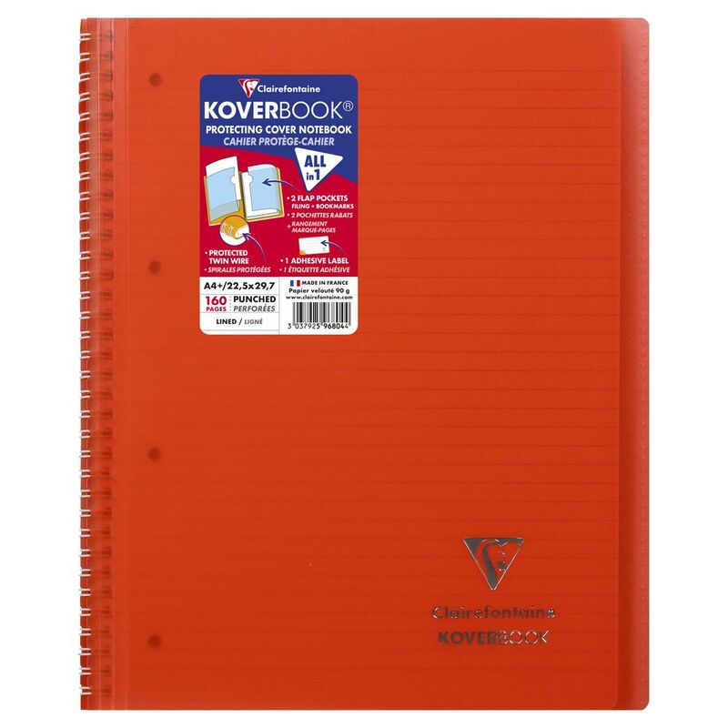 Clairefontaine Koverbook Wirebound Wraparound Opaque Polypro Notebook - 80 Lined Sheets (22.5 x 29.7 cm) - Red