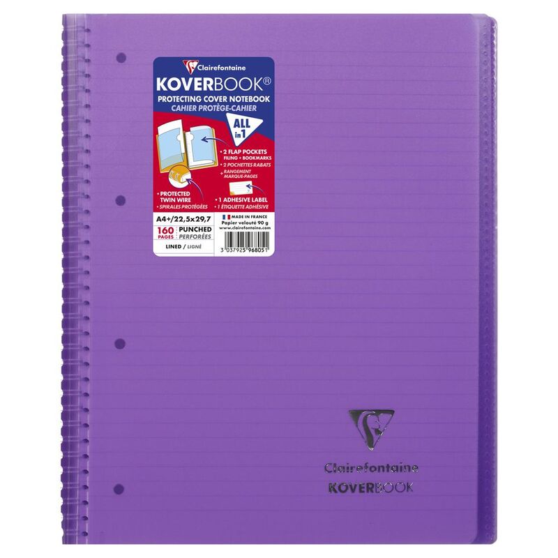 Clairefontaine Koverbook Wirebound Wraparound Opaque Polypro Notebook - 80 Lined Sheets (22.5 x 29.7 cm) - Purple