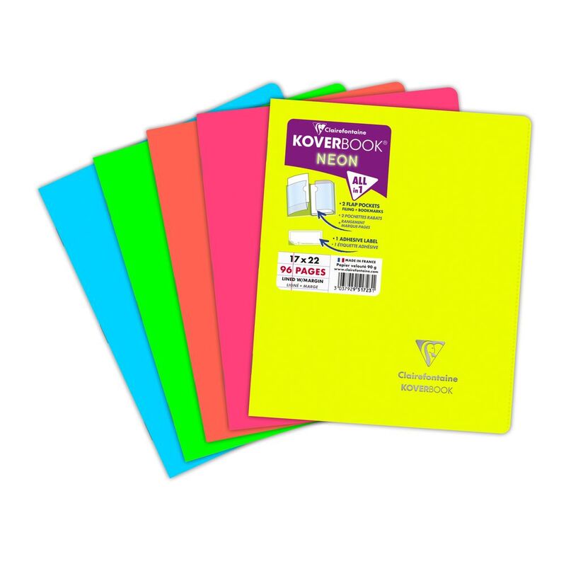Clairefontaine Koverbook Neon Stapled Opaque Polypro Notebook - 48 Lined Sheets (17 x 22 cm) (Assorted Colours - Includes 1)