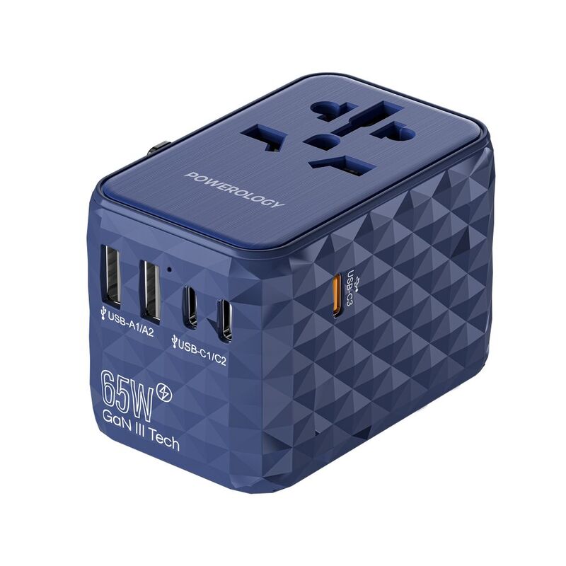 Powerology 65W PD Universal Multi-Port Travel Adapter With 3 USB-C Output - Blue