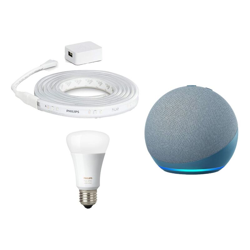 Philips Hue Lightstrip Plus V4 Apr 2m Base Kit + Amazon Echo Dot (4th Gen) - Blue + Hue Color Bulb