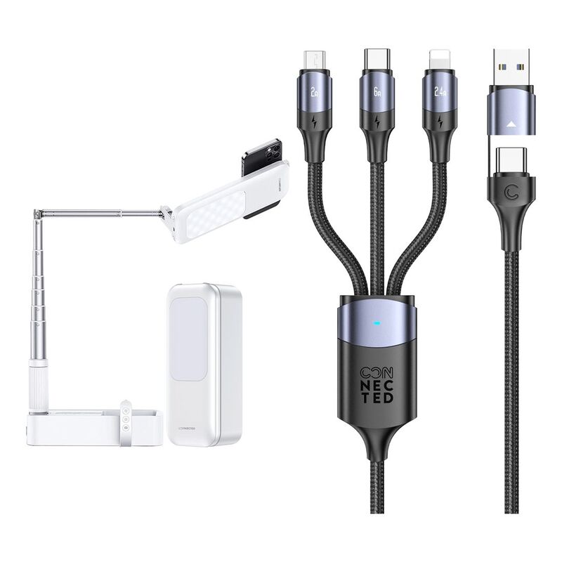 Connected Fold-1 Mobile Stand with Double-Sided LED Light + Cuatro-Dous 6-in-1 Cable (Bundle)