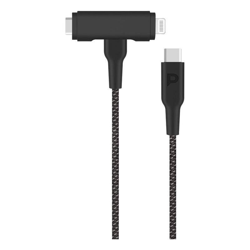 Powerology Braided USB-C to USB-C + Lightning Data & Fast Charge Cable - 1.2m/4ft - Black