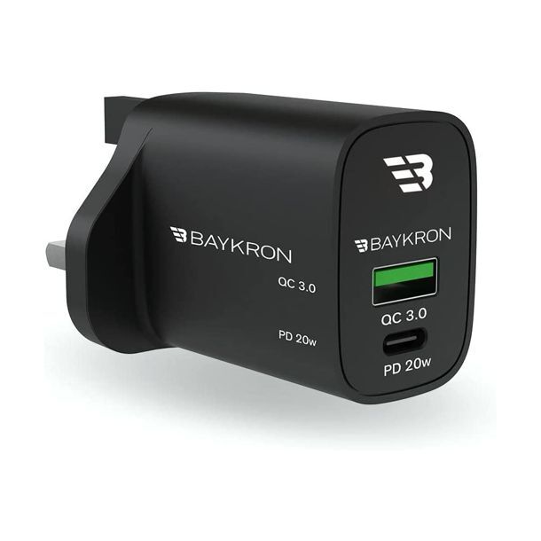 Baykron 36W Fast Charging Dual Port Wall Charger With Type-C Power Delivery 20W+QC3.0 UK - Black