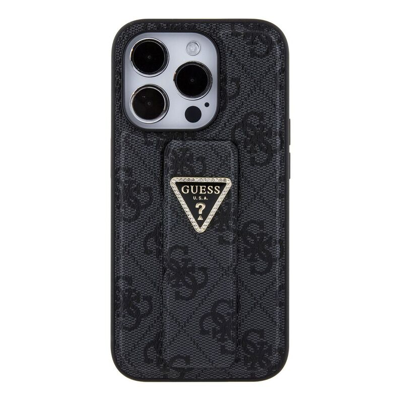 Guess Gripstand PU leather Case with 4G Triangle Strass Pattern for iPhone 15 Pro Max - Black