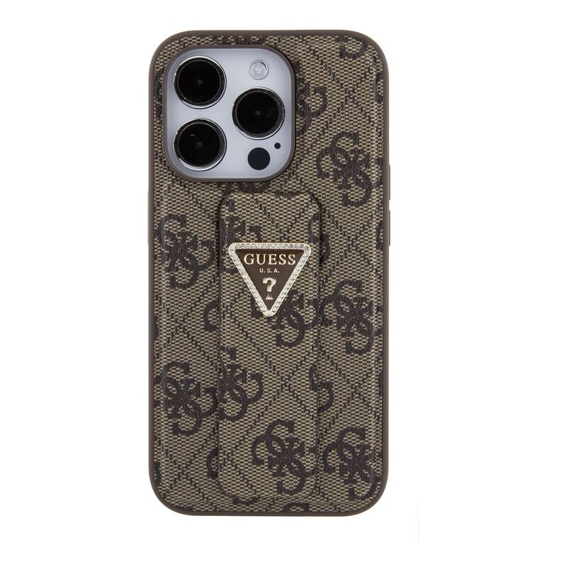 Guess Gripstand PU leather Case with 4G Triangle Strass Pattern for iPhone 15 Pro - Brown