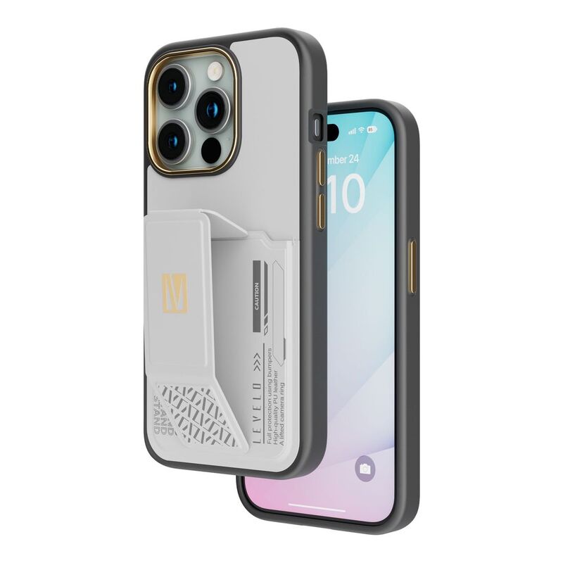 Levelo Morphix Grip-Stand Case with Built-In Card Slot for iPhone 15 Pro Max - Grey