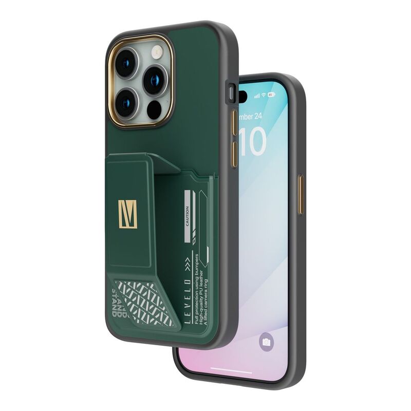 Levelo Morphix Grip-Stand Case with Built-In Card Slot for iPhone 15 Pro Max - Green