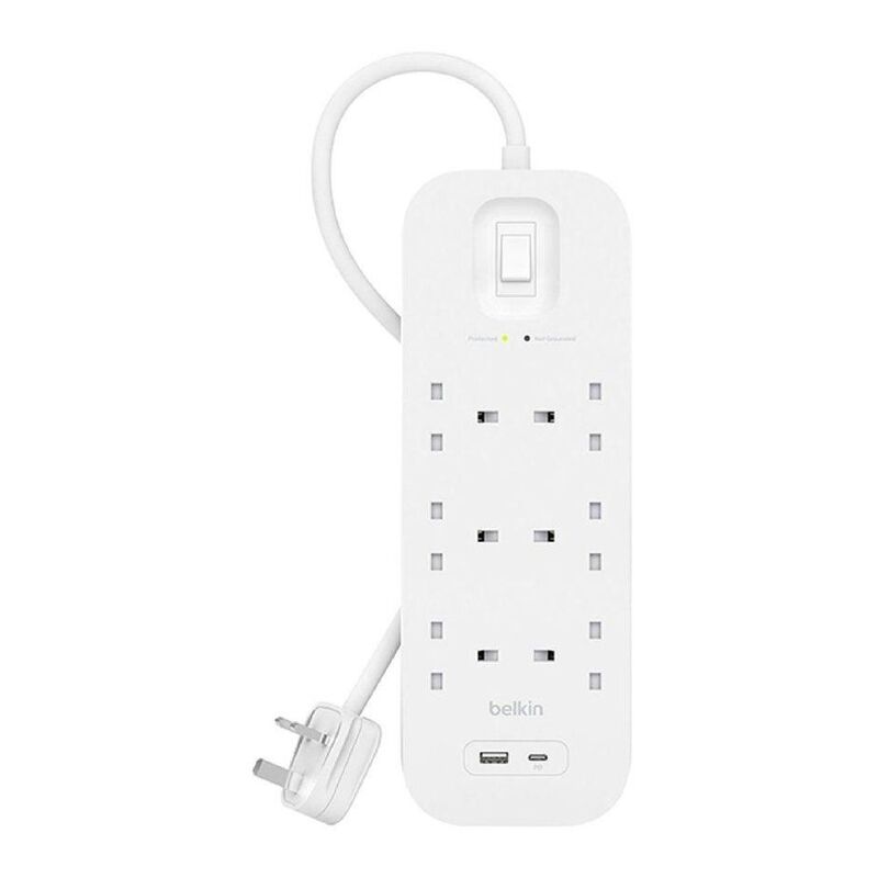 Belkin 6-Outlet Surge Protector 18W USB-A & USB-C Ports (2m Cord) - White
