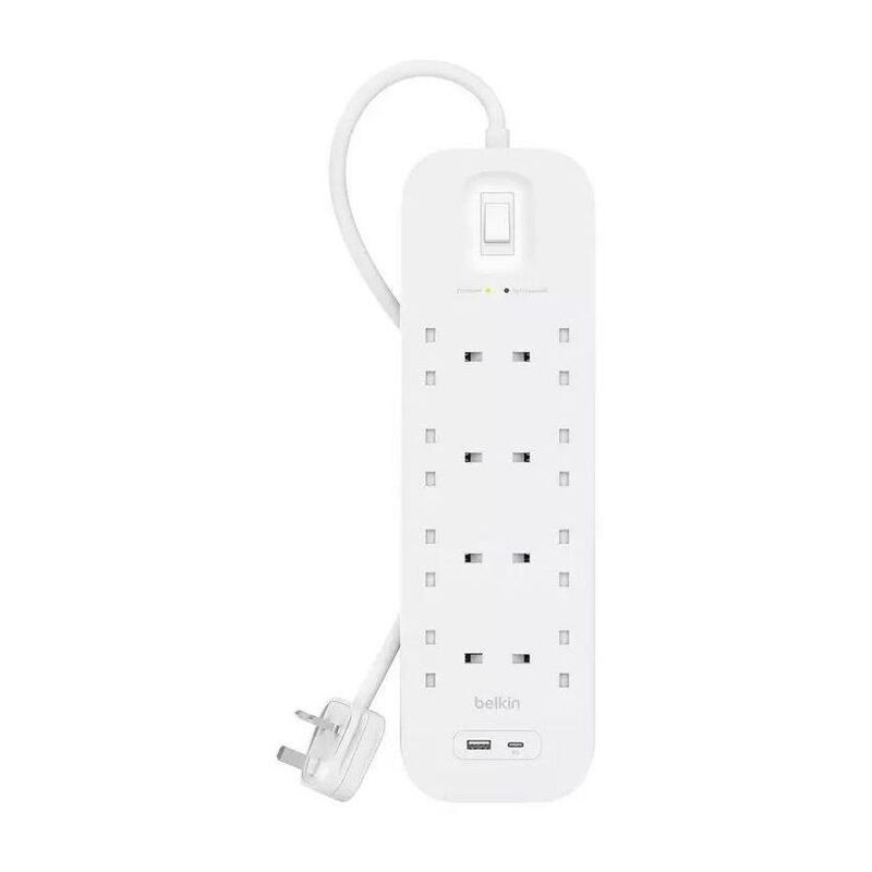 Belkin 8-Outlet Surge Protector 18W USB-A & USB-C Ports (2m Cord) - White