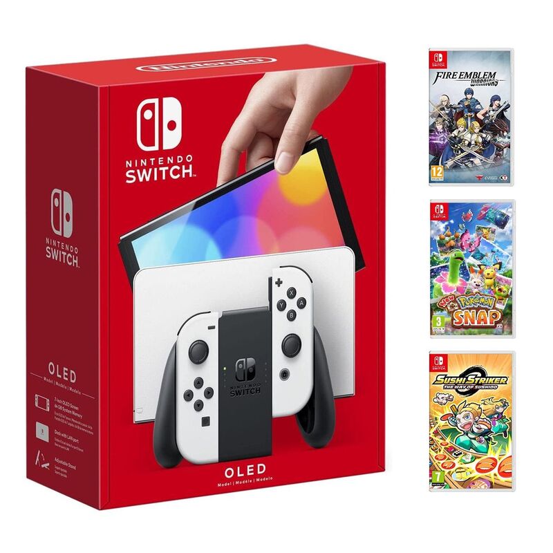 Nintendo Switch OLED White Joy-Con Console + Sushi Striker: The Way To Sushido + New Pokemon Snap + Fire Emblem Warriors (Bundle)