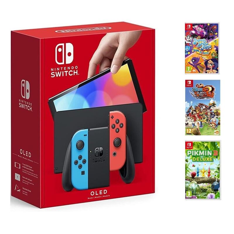Nintendo Switch OLED Neon Joy-Con Console + Pikmin 3 Deluxe + DC Comics Superhero Girls: Teen Power + One Piece: Unlimited World Red - Deluxe Editi...